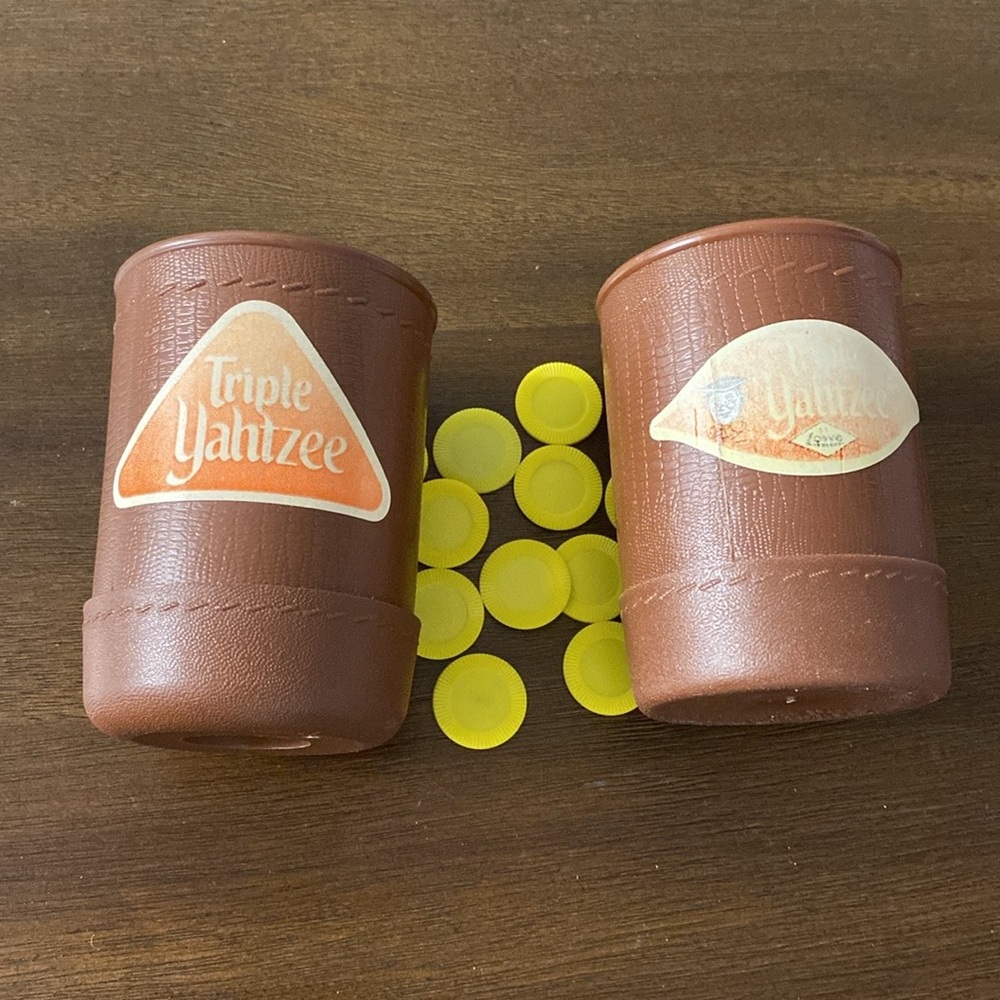 2-Triple Yahtzee Brown Dice Shaker Cups and 11 Yellow Chips